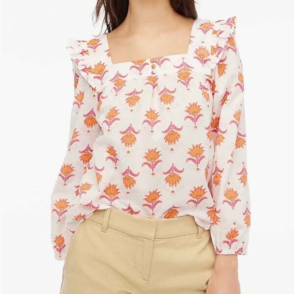 J. Crew Factory Square Neck Ruffle Long Sleeve Blouse White Pink Floral Small E